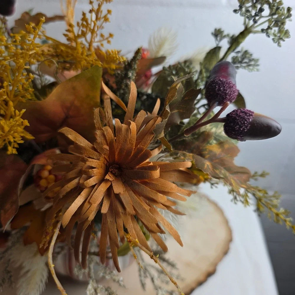 Fall Harvest Artificial Floral Arrangement in Striped Ceramic Pumpkin Pot